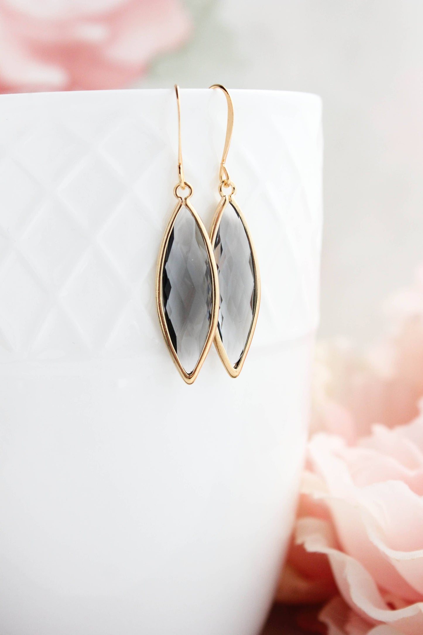 Glass Marquis Drop Earrings - Smoke Grey/Gold - 221