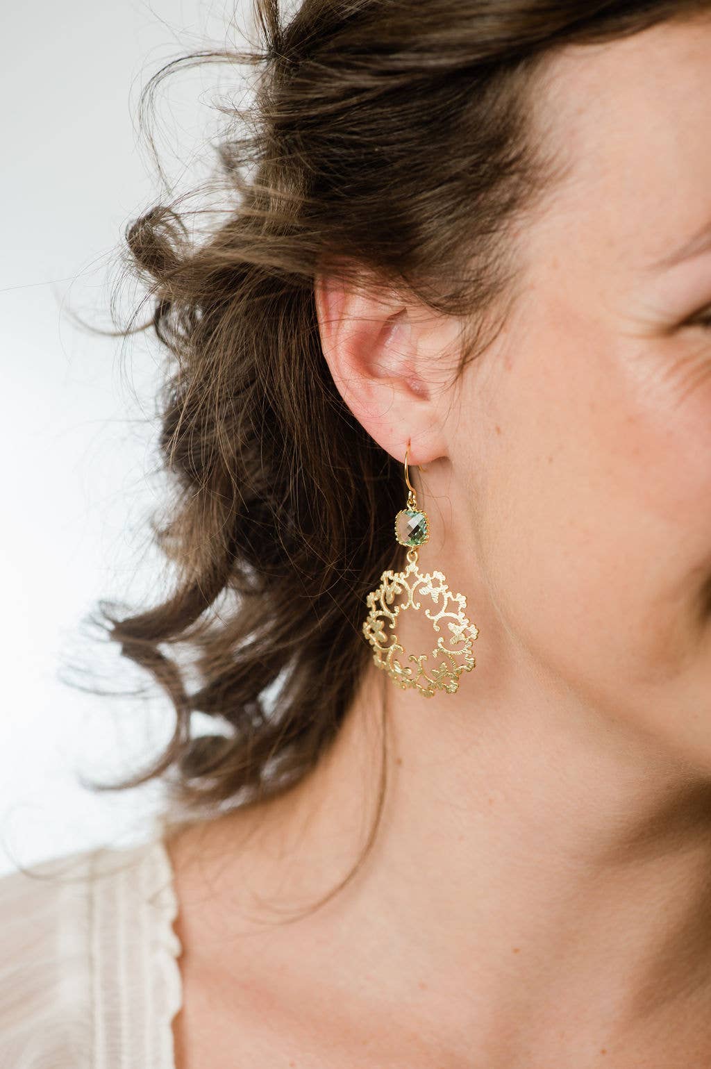 Gold Filigree and Aqua Glass Earrings | Modern Dangles - 142