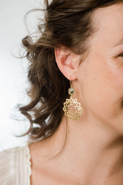 Gold Filigree and Aqua Glass Earrings | Modern Dangles - 142