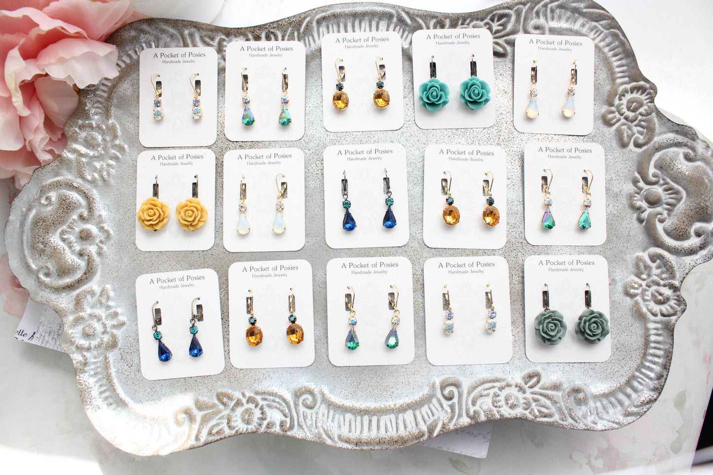 Topaz and Navy Blue Oval Drop Earrings | Vintage Glass - 213