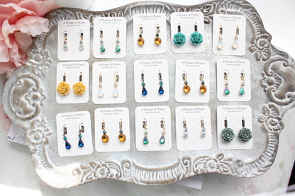Topaz and Navy Blue Oval Drop Earrings | Vintage Glass - 213