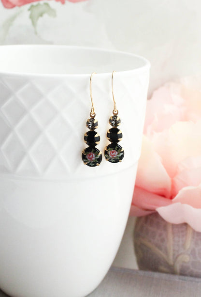 Vintage Glass Earrings | Black w/ Pink Rose - 211