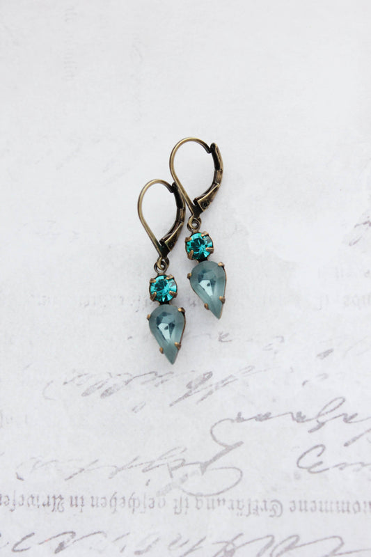 Tiny Vintage Glass Drop Earrings | Peacock Blue | #235