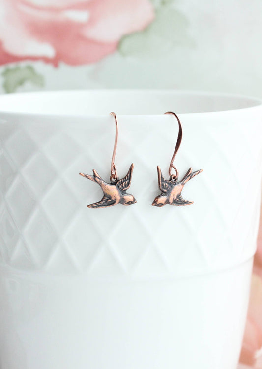 Bird Earrings in Antiqued Copper | Small Drop Earrings - 107