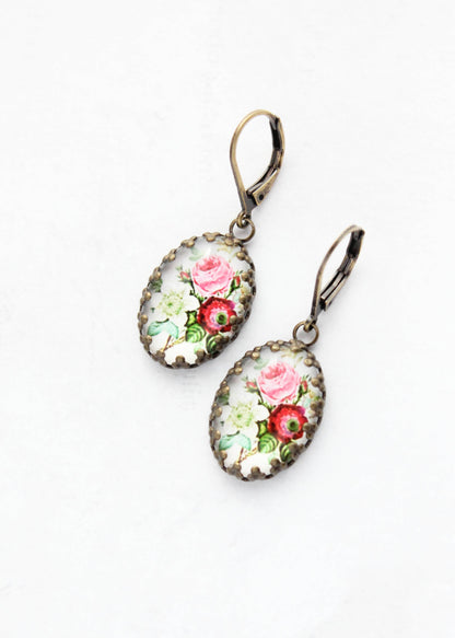 Floral Earrings | Vintage Style Botanical Red Pink and White 305