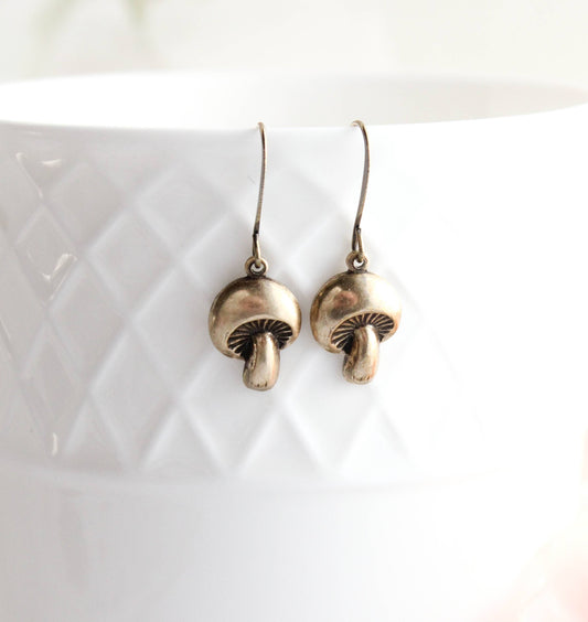 Little Mushroom Earrings - Antiqued Gold Brass - 123