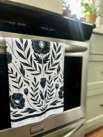 Black Floral Flour Sack Towel  |  Black Poppy Tea Towel