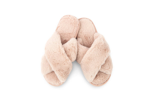Pink Plush Crossband Slide House Slippers
