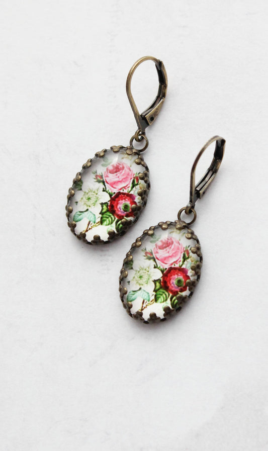 Floral Earrings | Vintage Style Botanical Red Pink and White 305