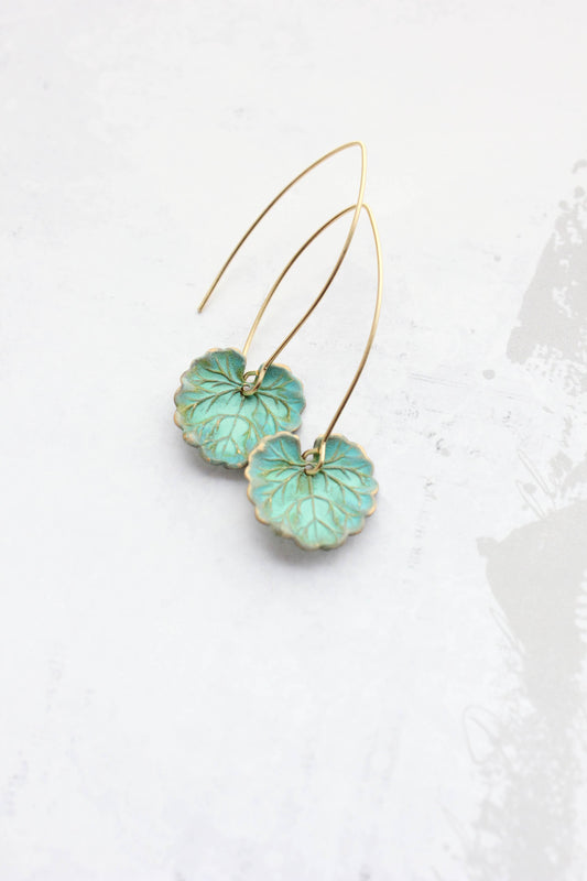 Lily Pad Earrings Long Wire | Verdigris Patina - 011L