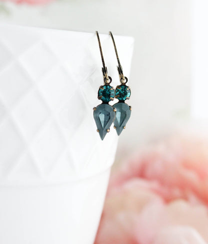 Tiny Vintage Glass Drop Earrings | Peacock Blue | #235