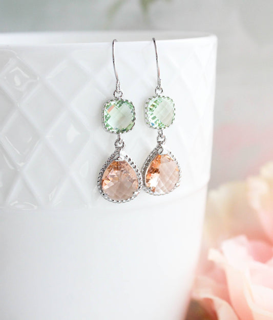 Mint and Peach Earrings | Two Jewel Teardrop Silver Earrings - 369