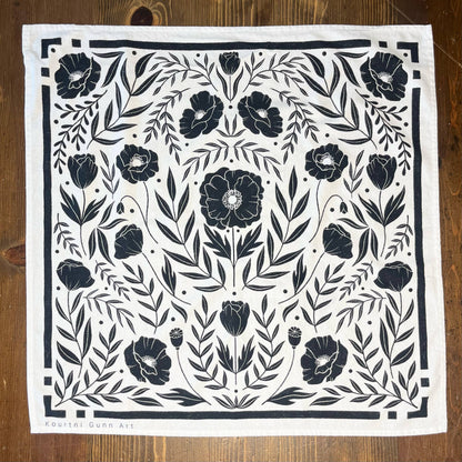 Black Floral Flour Sack Towel  |  Black Poppy Tea Towel