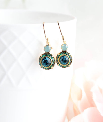 Art Deco Floral Earrings | Dark Teal & Emerald Green Glass - 301