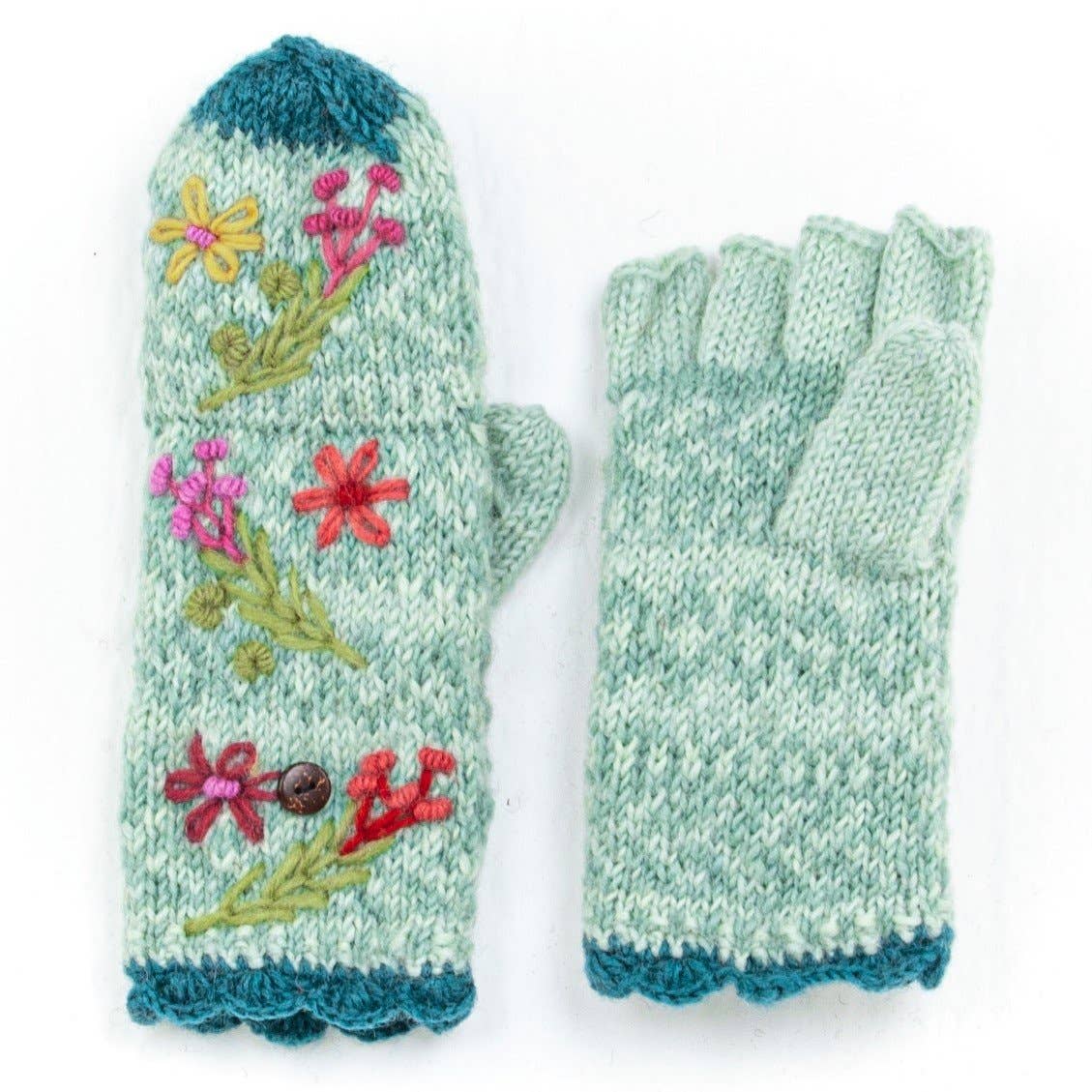Sadie Wool Convertible Mittens with Embroidery: Mint