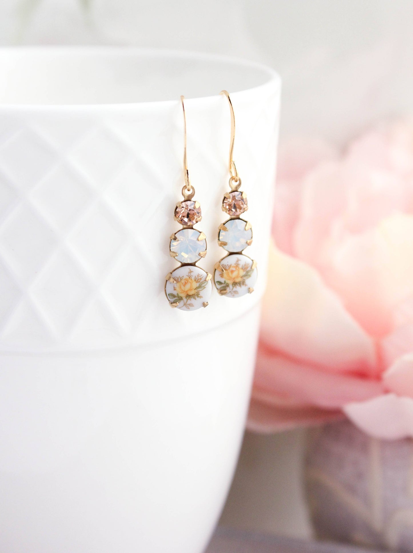 Yellow Rose Earrings | Vintage Glass - 205