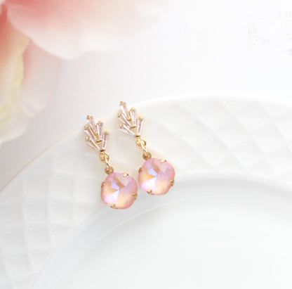 Art Deco Glass Leaf Post Earrings | Pastel Pink Glass Jewel - 289
