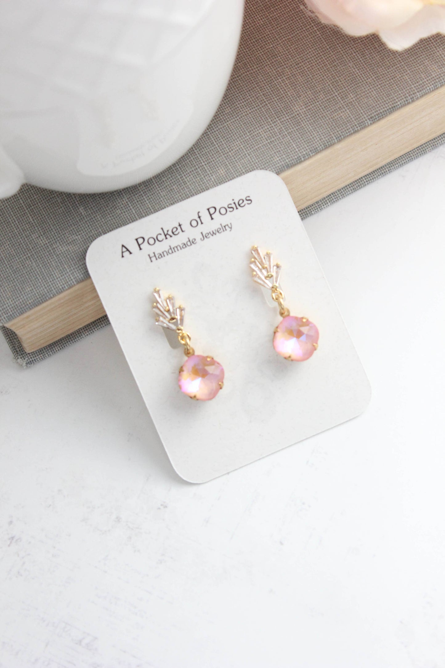 Art Deco Glass Leaf Post Earrings | Pastel Pink Glass Jewel - 289