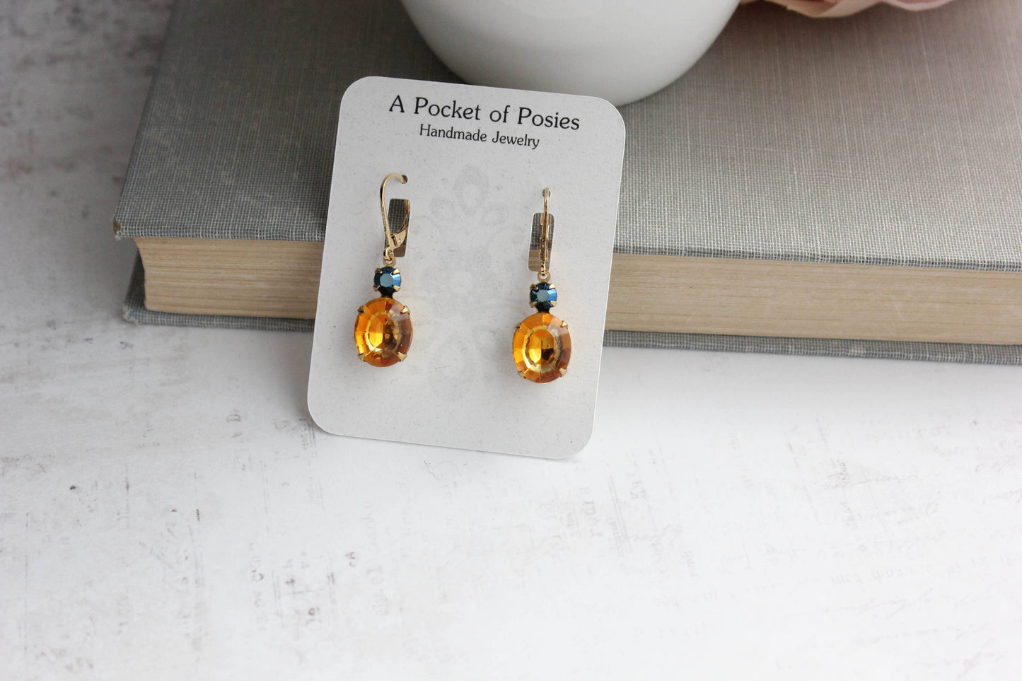 Topaz and Navy Blue Oval Drop Earrings | Vintage Glass - 213
