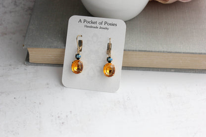 Topaz and Navy Blue Oval Drop Earrings | Vintage Glass - 213