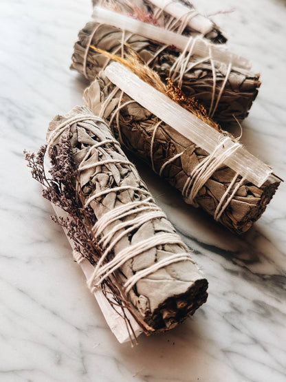 Healing Smudge Bundle, with Sage, Selenite, and Wildflowers