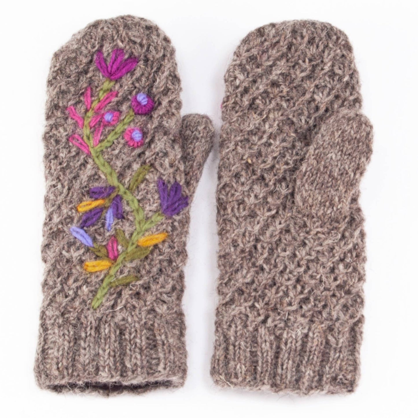 Naomi Embroidered Wool Hand Knit Mittens: Medium Natural