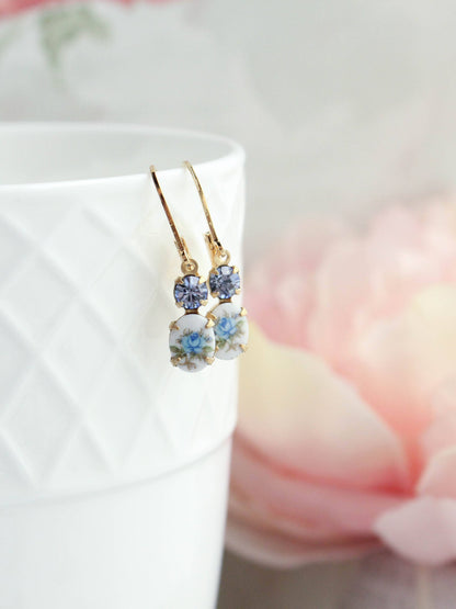 Little Blue Rose Cameo Earrings | Vintage Glass - 210