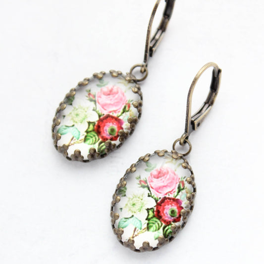 Floral Earrings | Vintage Style Botanical Red Pink and White 305