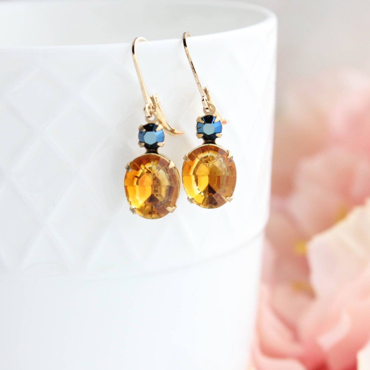Topaz and Navy Blue Oval Drop Earrings | Vintage Glass - 213