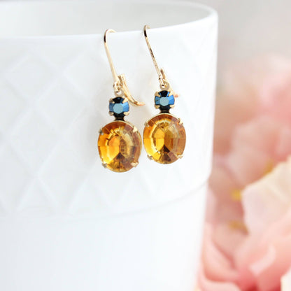 Topaz and Navy Blue Oval Drop Earrings | Vintage Glass - 213