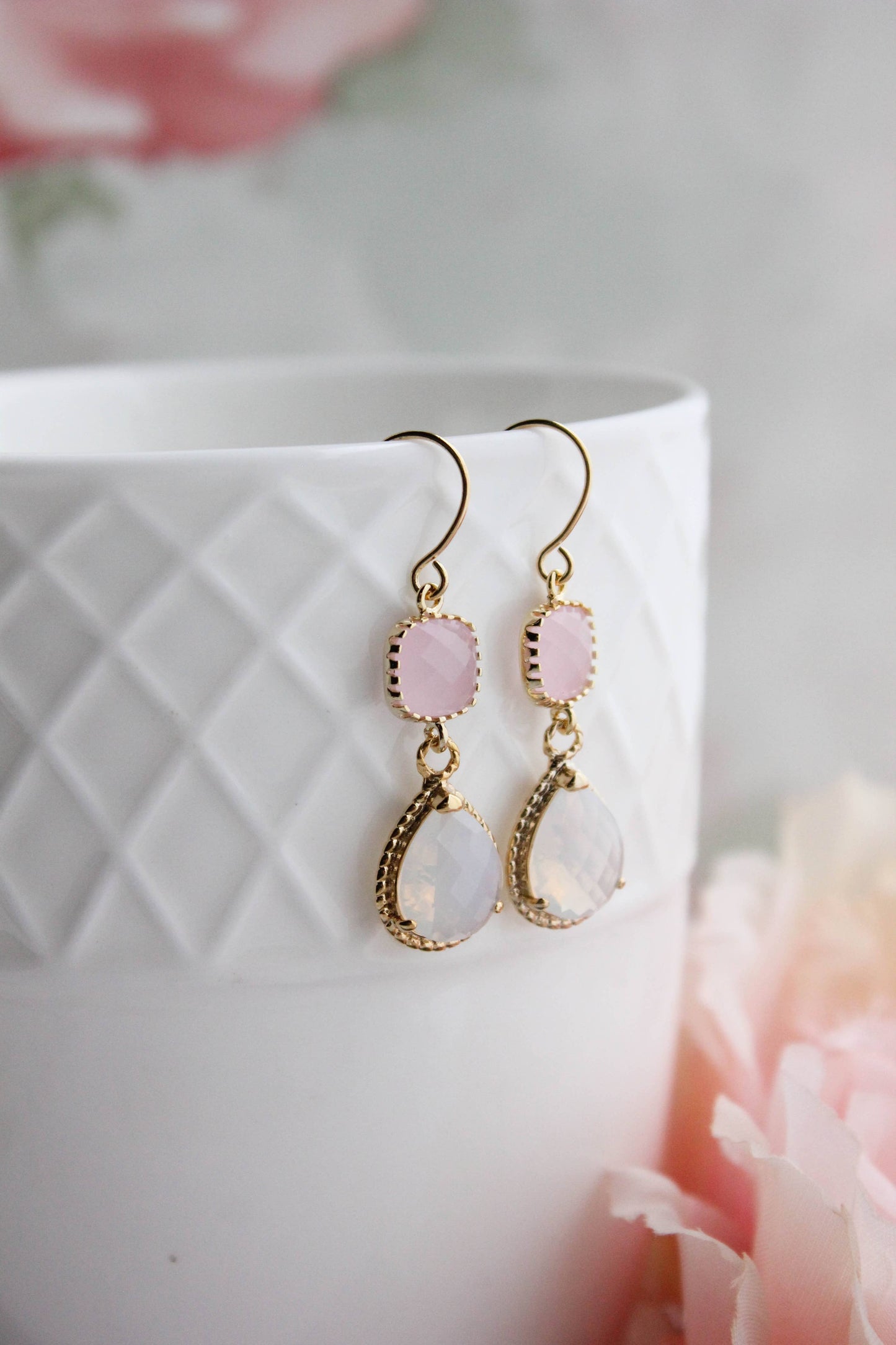 Opal and Pink | Glass Dangle Earrings - 347