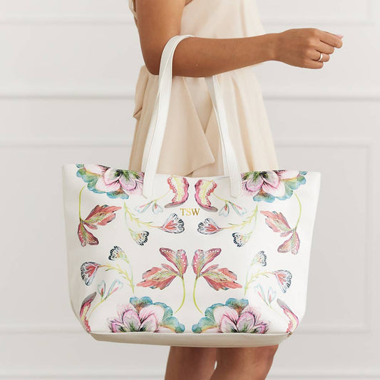 Faux Leather Tote Bag | White Vintage Floral
