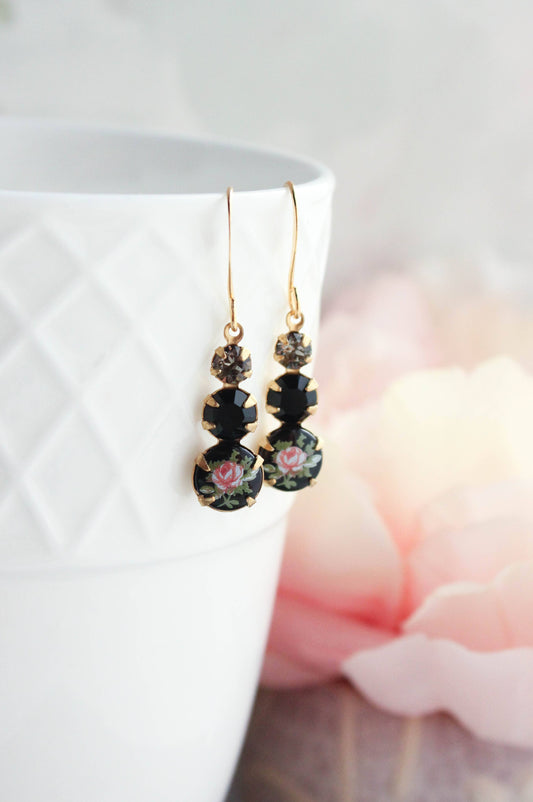Vintage Glass Earrings | Black w/ Pink Rose - 211