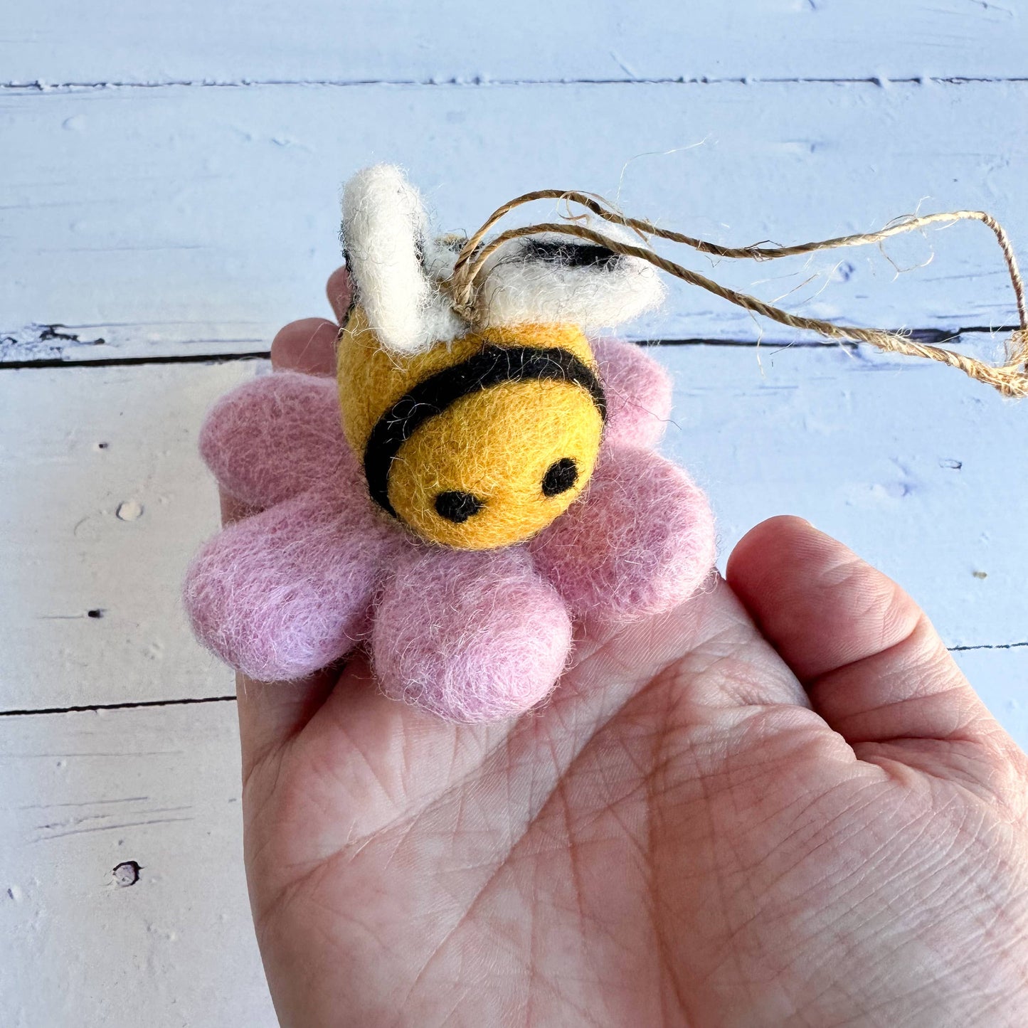 One Large Felt Bee On A Pink Flower (With Or Without String): With Ornament String