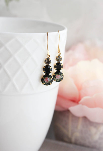 Vintage Glass Earrings | Black w/ Pink Rose - 211
