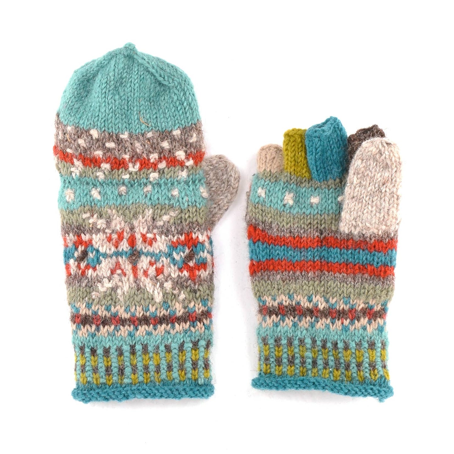 Jasper Wool Convertible Mittens with Nordic Knit Pattern: Brown