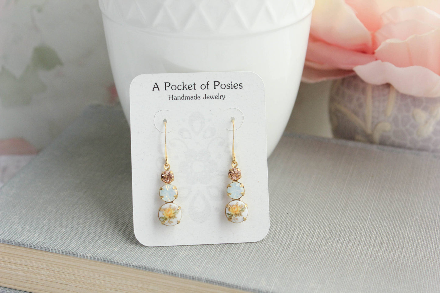 Yellow Rose Earrings | Vintage Glass - 205