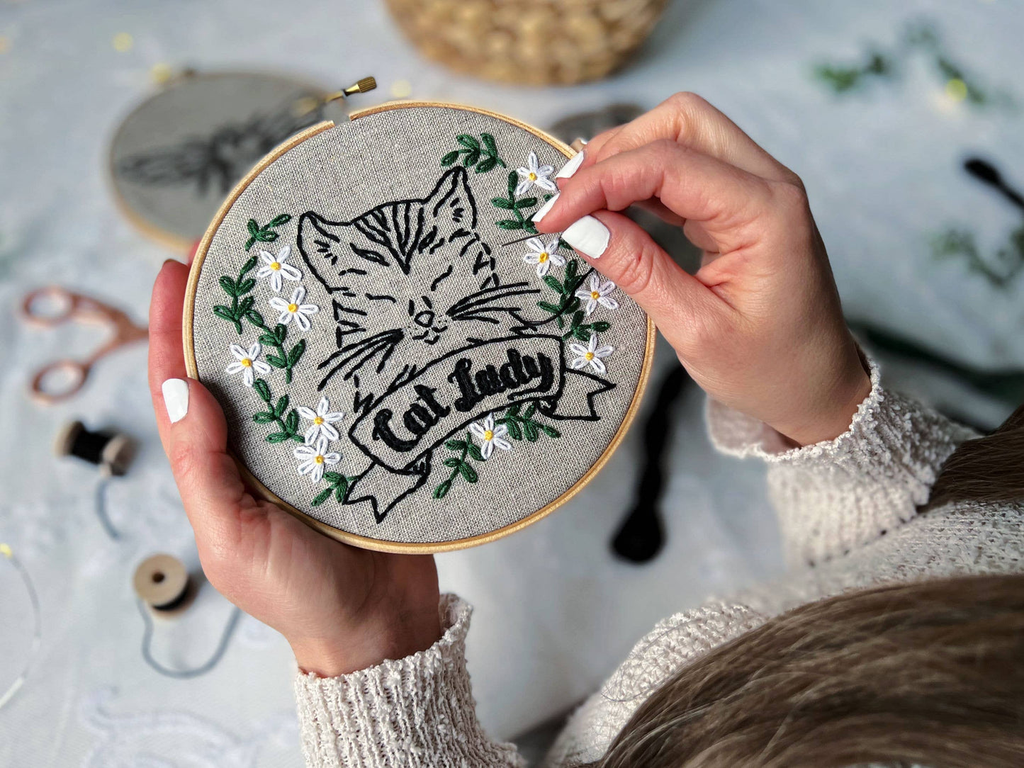 Cat Lady Embroidery Kit: Natural/Black