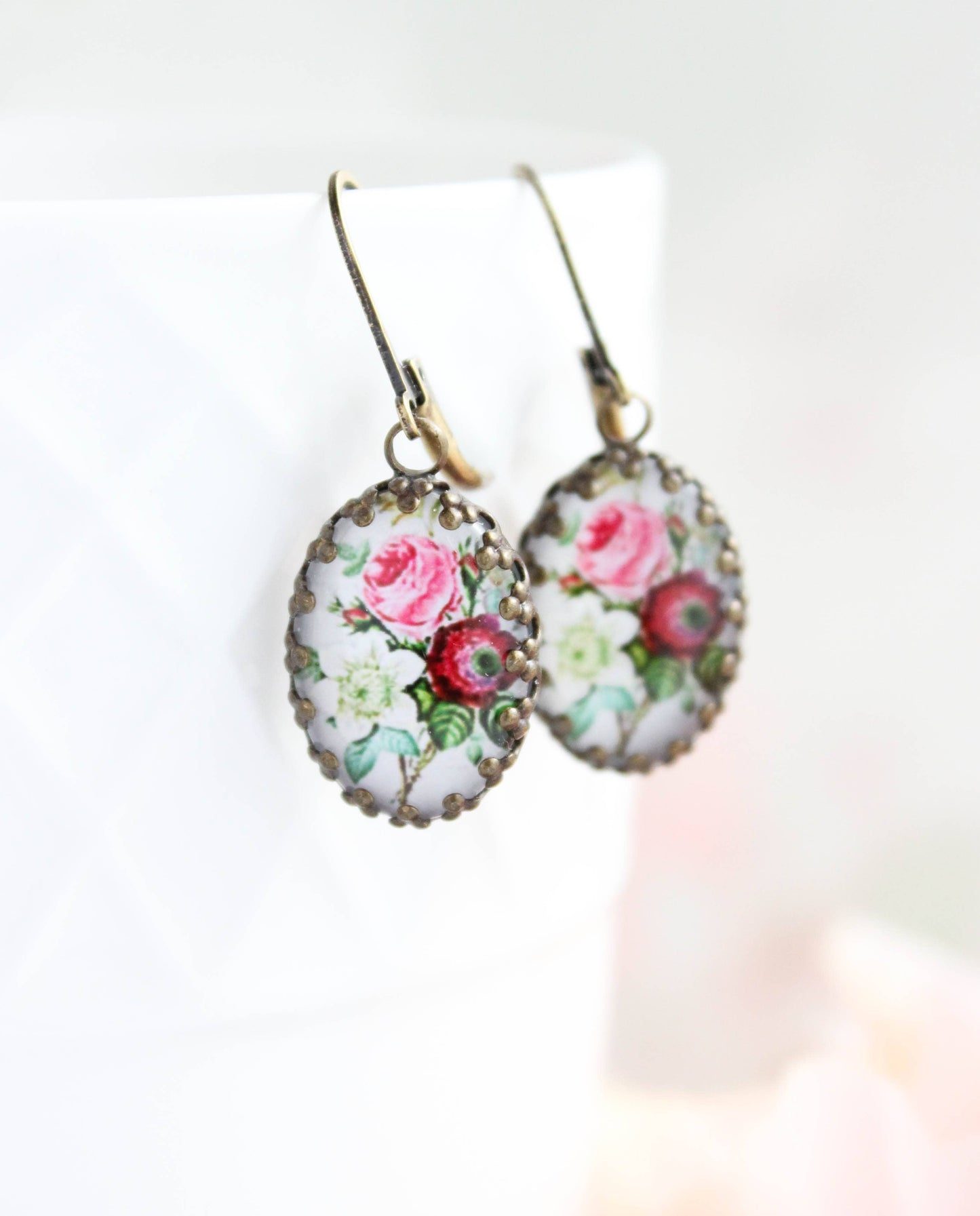 Floral Earrings | Vintage Style Botanical Red Pink and White 305