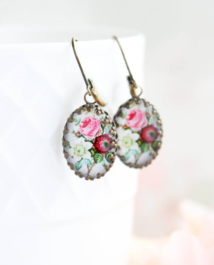 Floral Earrings | Vintage Style Botanical Red Pink and White 305