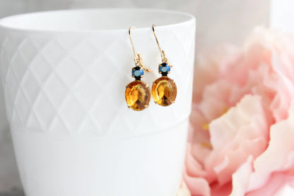 Topaz and Navy Blue Oval Drop Earrings | Vintage Glass - 213