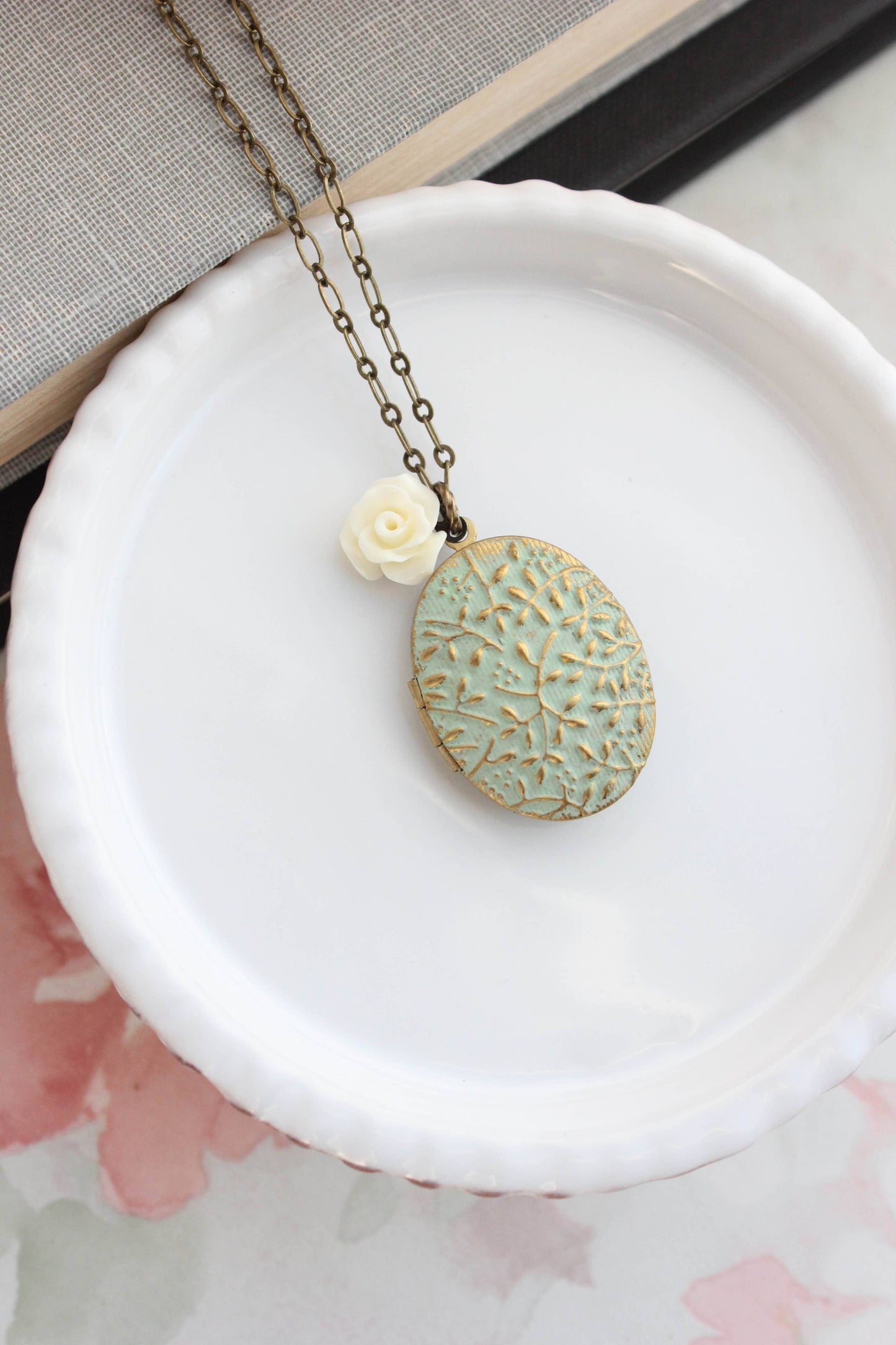 Sage Green Photo Locket Necklace + Cream Rose Charm