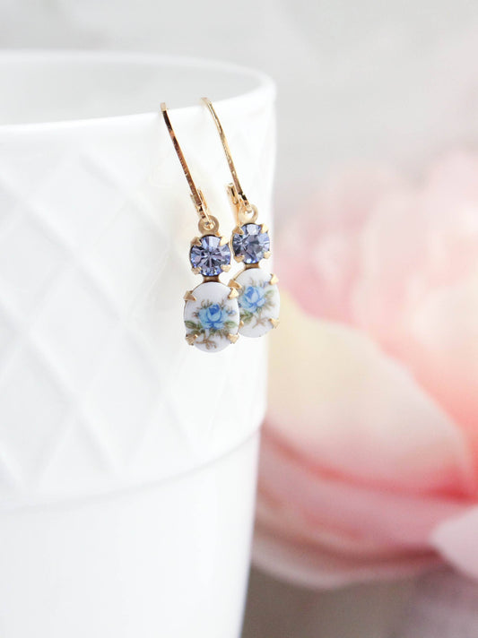 Little Blue Rose Cameo Earrings | Vintage Glass - 210