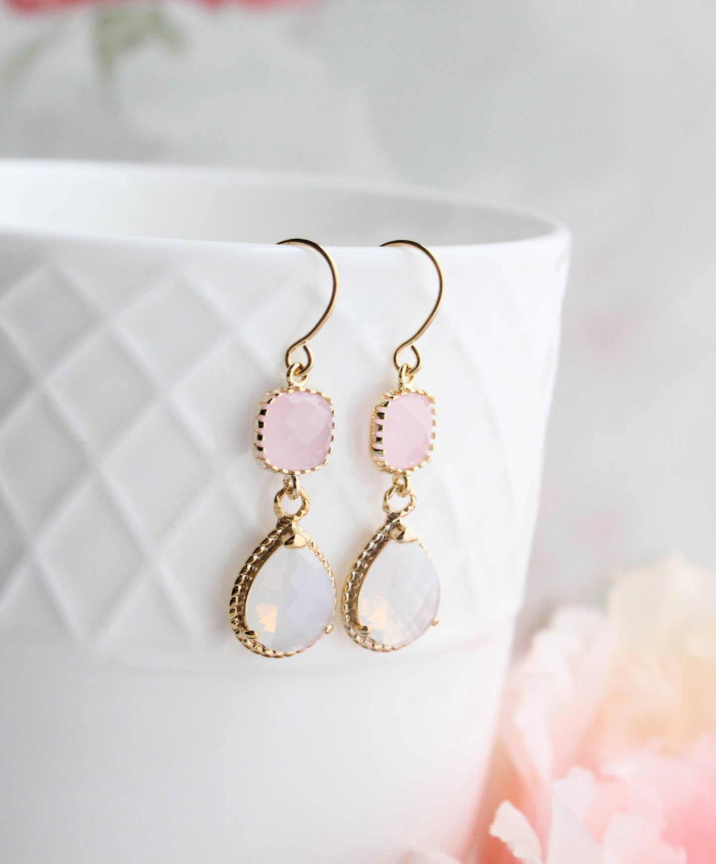 Opal and Pink | Glass Dangle Earrings - 347