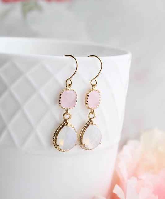 Opal and Pink | Glass Dangle Earrings - 347
