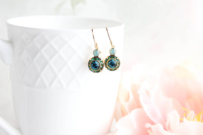 Art Deco Floral Earrings | Dark Teal & Emerald Green Glass - 301
