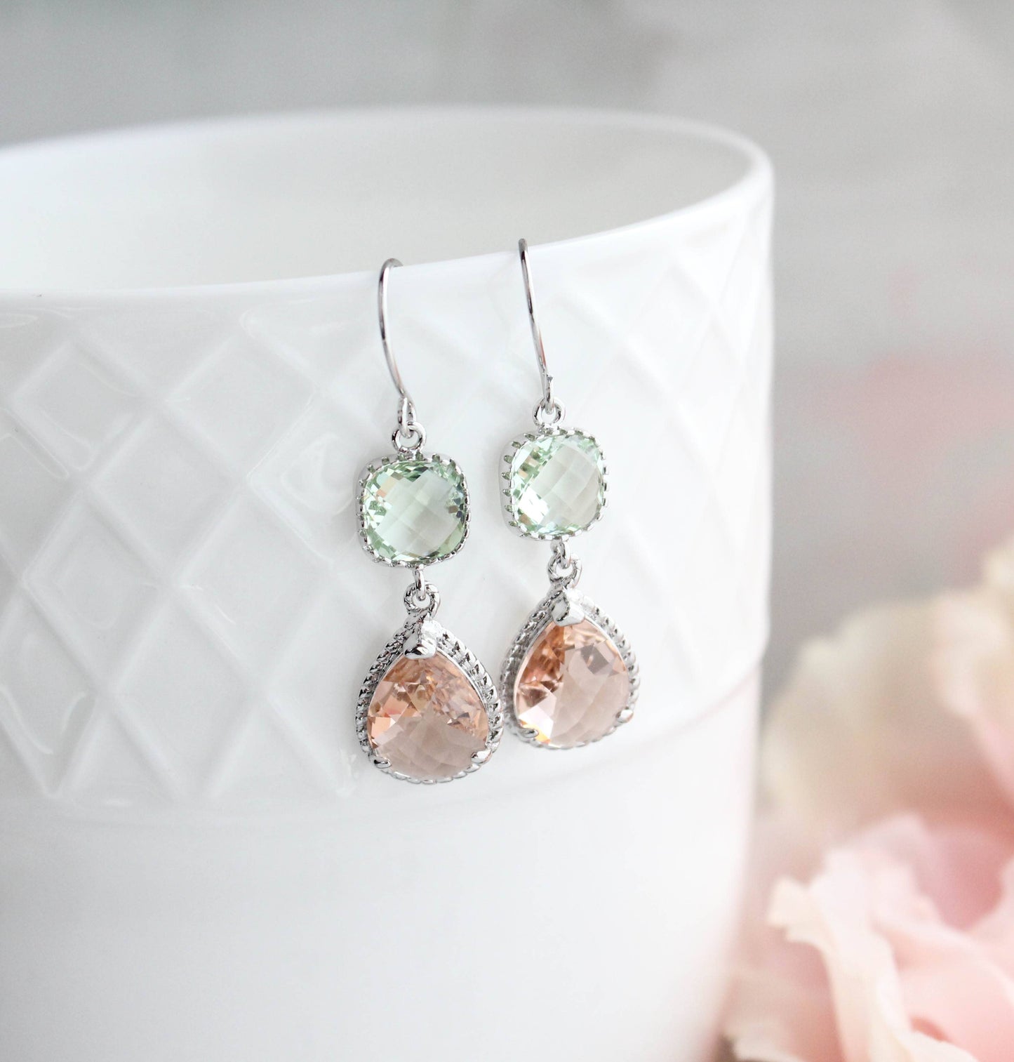 Mint and Peach Earrings | Two Jewel Teardrop Silver Earrings - 369