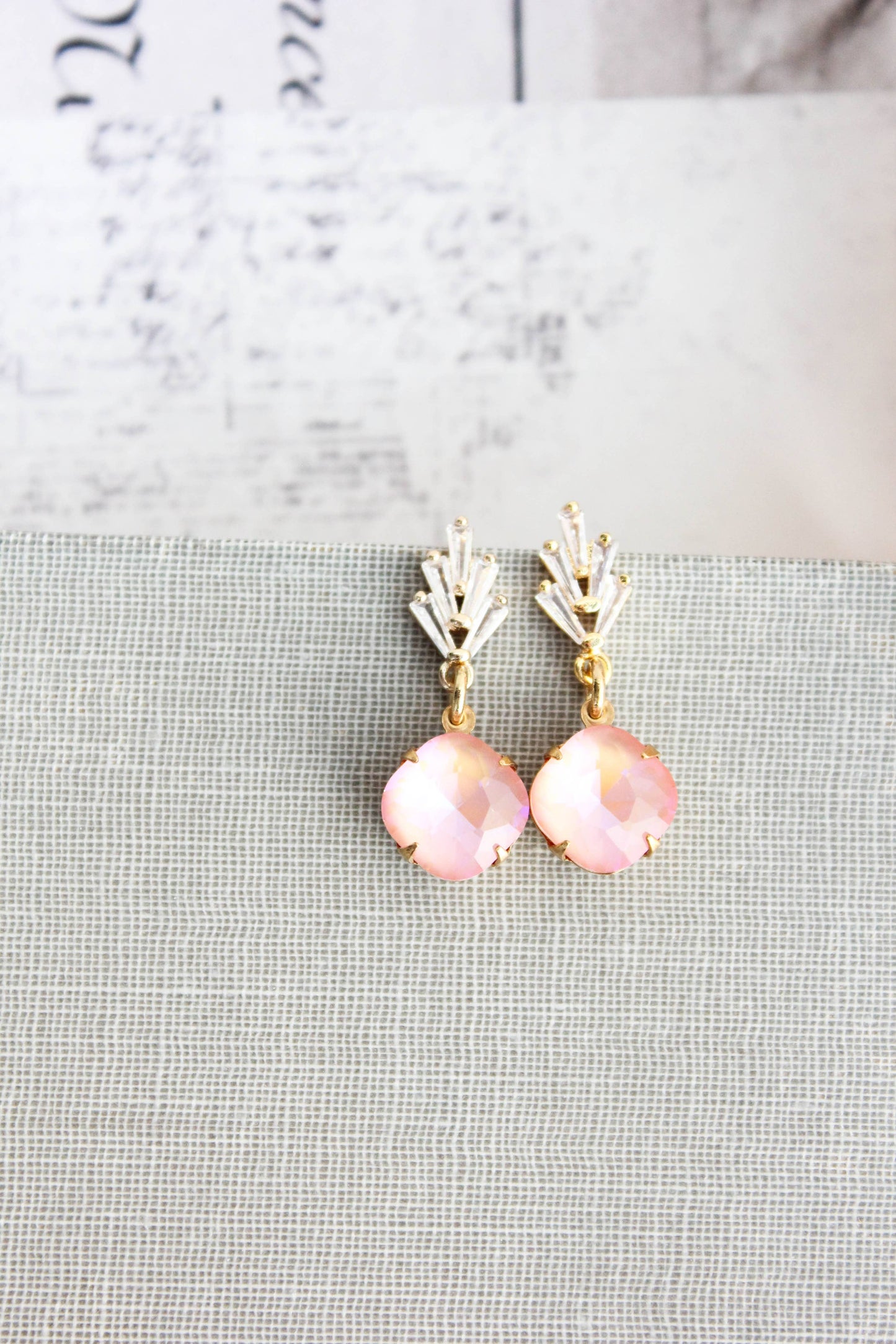 Art Deco Glass Leaf Post Earrings | Pastel Pink Glass Jewel - 289