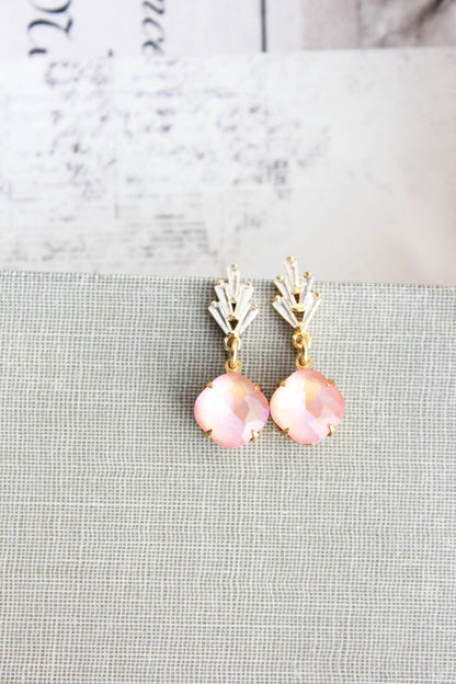 Art Deco Glass Leaf Post Earrings | Pastel Pink Glass Jewel - 289