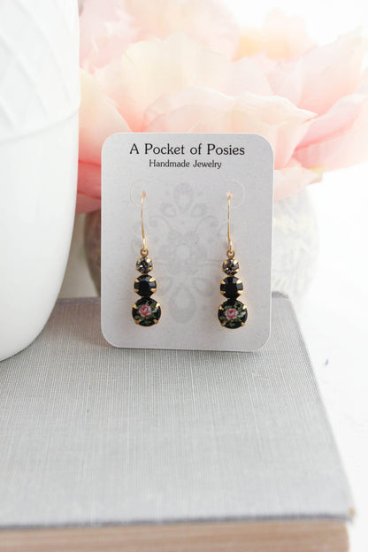 Vintage Glass Earrings | Black w/ Pink Rose - 211